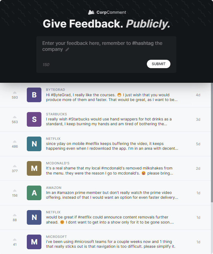 Screenshot of CorpComment project